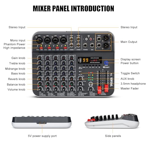 TKLBLS Table de mixage audio pour studio, 6 canaux non alimentés avec interface audio USB, table de mixage DJ avec alimentation fantôme 48 V pour KTV, spectacles en direct, streaming, conférences – vue 7