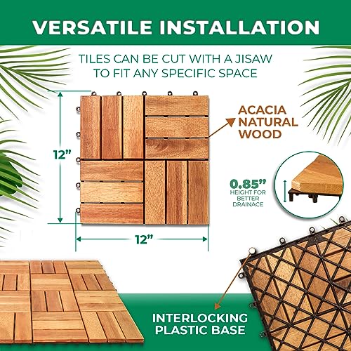 Hardwood Interlocking Patio Deck Tiles (Pack Of 10, 12" X 12"), Acacia Wood Deck Tiles Interlocking Outdoor, Patio Tiles Outdoor Interlocking Waterproof All Weather(12Slat-Natural Color) #TOP1