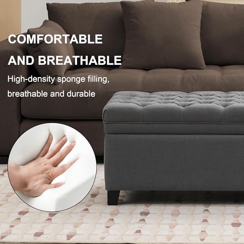 Image of 51 inch Storage Ottoman for Bedroom & Living Room, End of Bed Bench with Black Wooden Legs, Linen Upholstered Tufted Ottoman, Entryway Storage Bench,Dark Grey