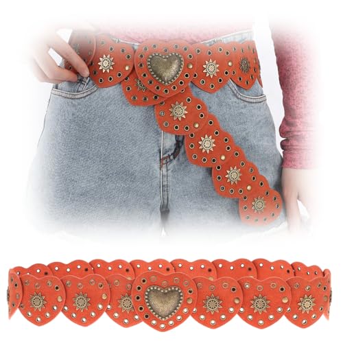 Hollow Disc Belt Western Style Exaggerated Cowboy Wide Disc Belt Metal Buckle Vintage Soft Belt for Women (light brown)