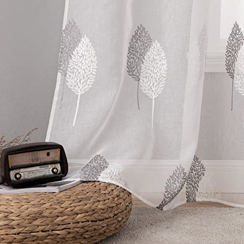 MIULEE Leaves Embroidery Sheer Curtains Christmas Decoration Grommet Window Curtain Semi Voile Drapes with Eyelets Window Treatments for Living Room Bedroom Big Leaves Grey 2 Panels 55" W x 85" L - Image 4