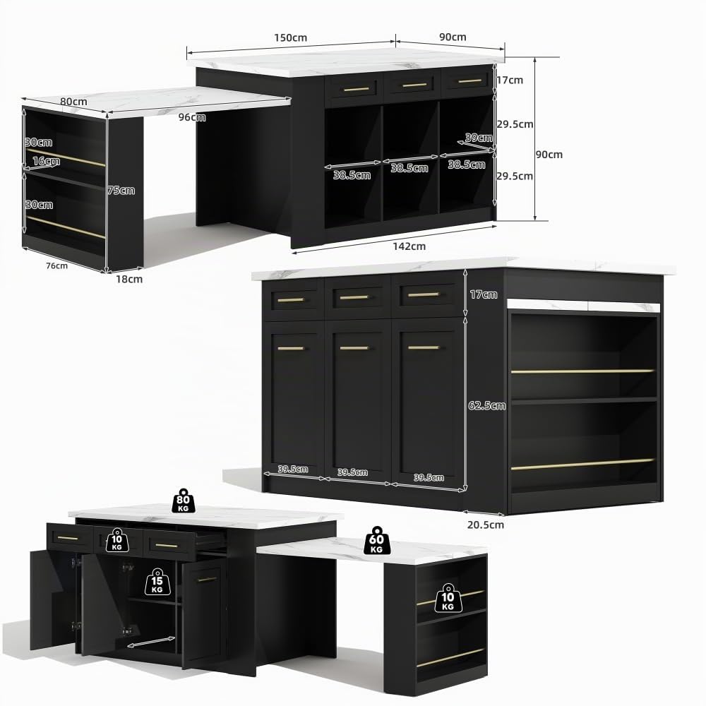 Isla de cocina multifuncional con mesa de comedor blanca extensible (150 cm + 96 cm), isla de cocina central con muebles de almacenamiento integrados, encimera de madera efecto mármol (negro)