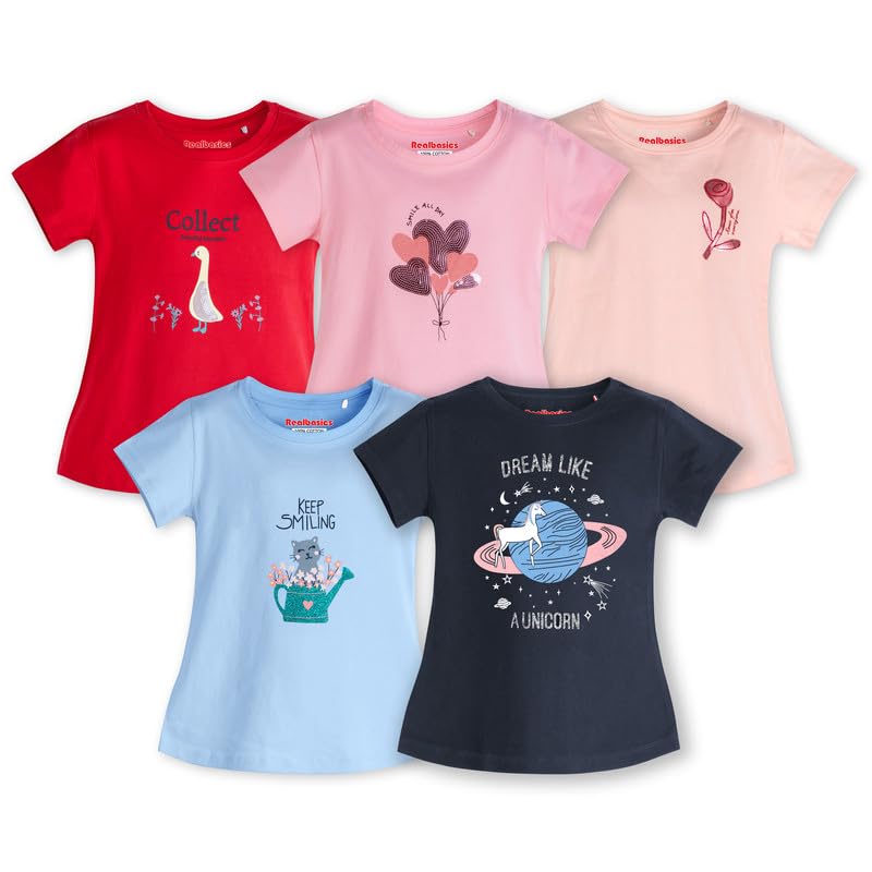 Image of Real Basics Girl's Regular Fit Half Sleeve Multicolor Tshirts Combo Pack (Set of 5)