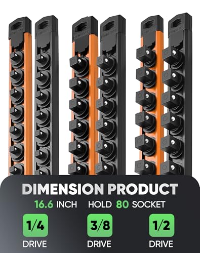 Image of ALOANES Magnetic Socket Organizer Set, 6PC Heavy Duty Aluminum Socket Holder Organizer, 360 Swivel Clips Socket Holder Kit for Toolbox Drawer Fit 1 /2, 3 /8, 1 /4-Inch x 80 Clips (Orange&Black, 6PC)