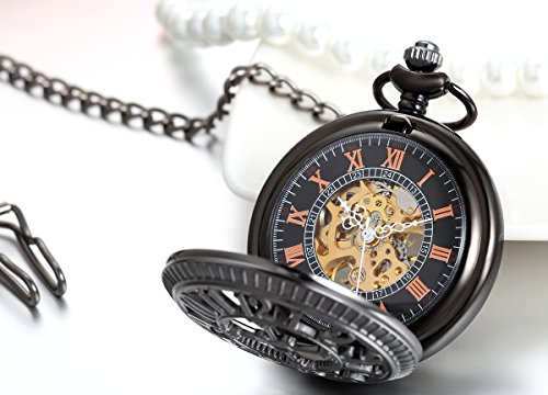 Image of JewelryWe Antique Mechanical Pocket Watch Retro Classic Mechanical Hand-Wind Pocket Watch Steampunk Fob Watch Pendant Watch with Chain, for Father's Day