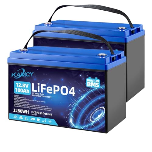 KAMCY 12V 100Ah LiFePO4 Batterie,Lithium Batterie 100A BMS mit 15000 tiefen Zyklen,Max 1280W Leistung Lithium Akku,für Wohnmobil,Solaranlage,Boot Haushalt,Camping (2 Stück 12.8V 100Ah)