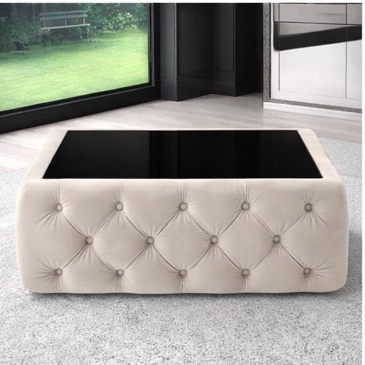 Image of Premium Tufted Upholstered Coffee Table with Black Mica Top - Modern Square Ottoman Center Table, Soft Velvet Finish, Luxury Living Room Furniture (30 x 30 x 18 Inch, Beige)