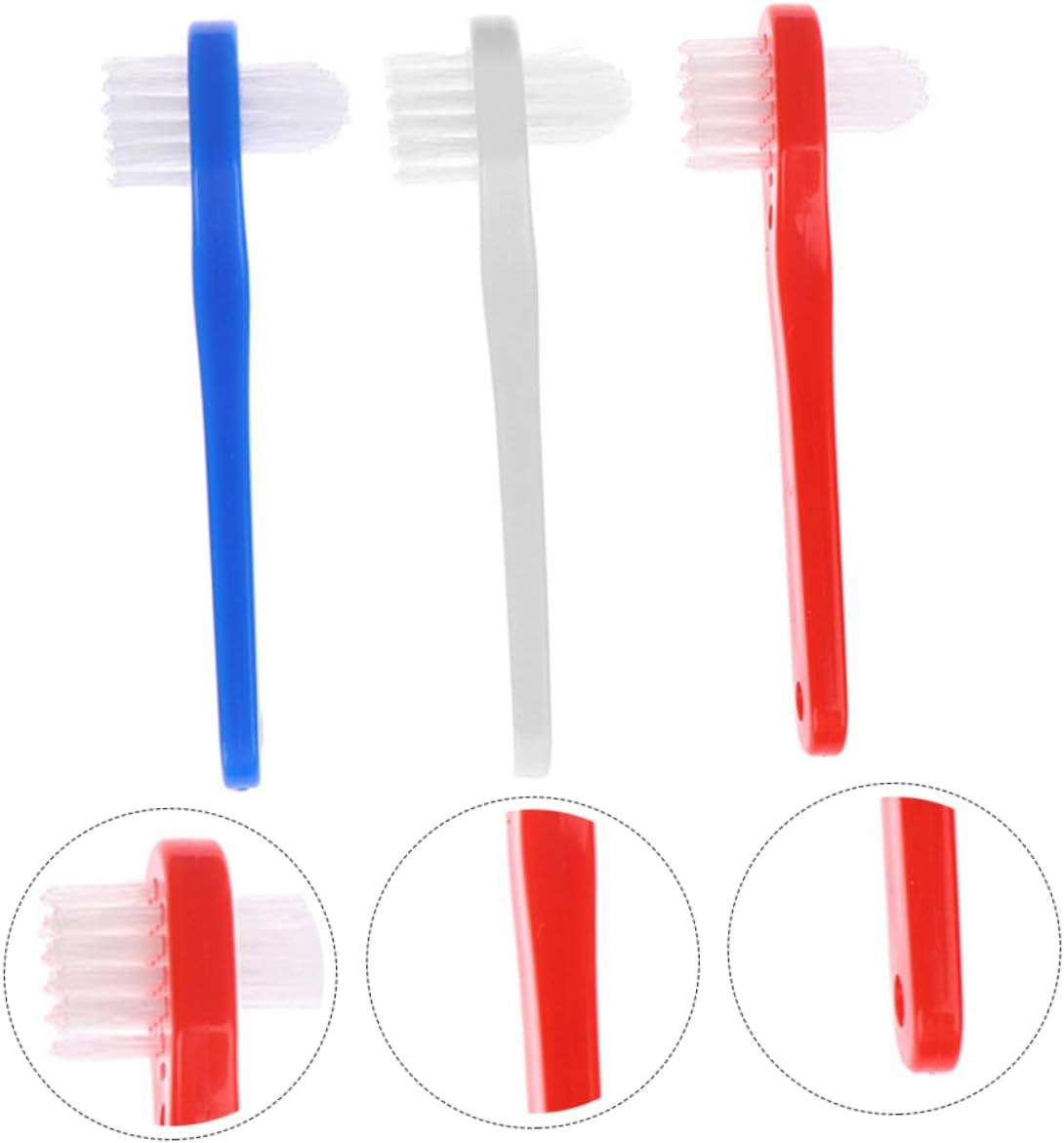 OUNONA 3Pcs Adult Denture Toothbrushes Portable Double Ended Dental Brush Kit with Soft Bristles for Comfortable Efficient Fake Teeth Cleaning White Red Blue