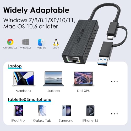Image of USB C to Ethernet Adapter 2.5G,WAVLINK LAN Adapter,Supports USB Type-A /C | ABS Plastic, lightweight, Compatible with Laptop, MacBook, XPS, iPad Pro, CAT6 cable & USB3.1 Required