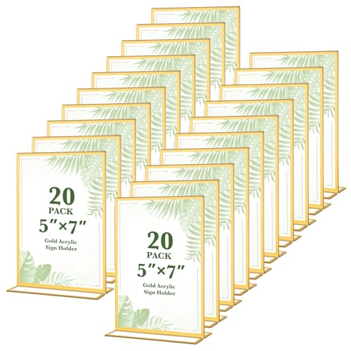 Alffun 20 Pack Gold Acrylic Sign Holders 5x7 Gold Frames