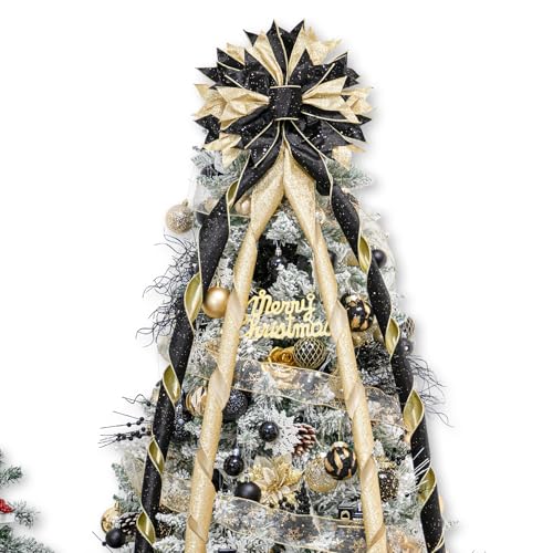Hismir Christmas Tree Topper Bow, 53x13 Inches Large Christmas Bow with Glitter Streamer, Decorative Ribbon Bows for Xmas Tree Wreath Door Festival Home Decor(Black & Gold)