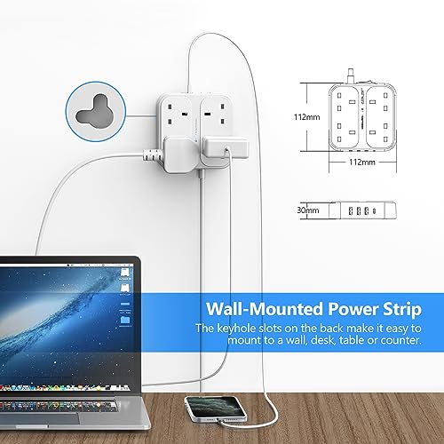 Extension Lead with USB Slots,JSVER 13A 4 Way Surge Protection Multi Plug Power Strip with USB- C and 3 USB Ports Extension Cable with 1.8M Cord Power Socket for Home, Office-White - Image 5