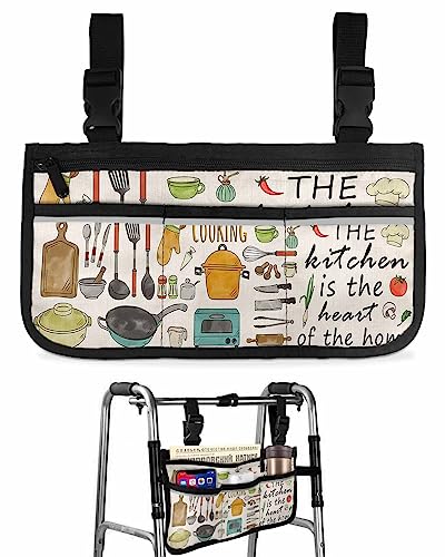 Simple Drawn Kitchen Cooker Wheelchair Side Bag Walker Bag, Vintage Cooking Wheelchair Accessories Armrest Pouch, Organizer Storage Bag for Walkers, Rollators, Scooters, 7.3''x13''