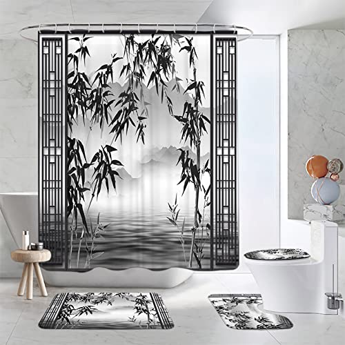 Asian Bamboo Shower Curtain Japanese Mountain Water Vintage Bamboo Leaf Plant Spa Chinese Oriental Nature Scenery Ink Painting Art Black Grey Sketch Classical Decor Fabric Bathroom Curtain With Hook #TOP5