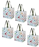 Earthwise Reusable Grocery Shopping Bags Extremely Durable Multi Use Large Stylish Fun Foldable Water-Resistant Totes Design - Back to School (Pack of 6)