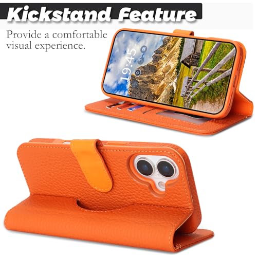 Image of Detachable Genuine Leather Case for iPhone 16 Wallet Case Magnetic 2in1 Removable Flip Cover Book Purse Compatible with Magsafe Charging Kickstand Card Holder-Orange