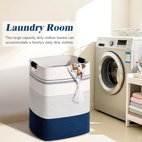 Image of Laundry Hamper, 95L Tall Laundry Basket with Leather Handles, Rectangle Large Clothes Hamper for Organizing, Cotton Woven Laundry Baskets Storage Hampers for Bedroom, Nursery, Living Room