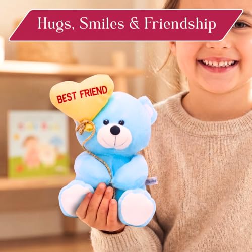 Image of Tickles Cute Teddy Holding Best Friend Heart Balloon Soft Stuffed Plush Toy for Kids Boys & Girls Friendship Birthday Gift (Color: Blue Size: 18 cm)