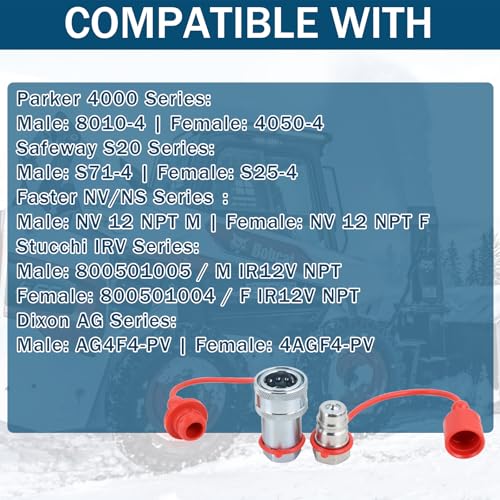 Image of 1 /2 inch NPT Ag Hydraulic Quick Connect Coupler, ISO 5675 Poppet Pioneer Style Tractor Couplers with Dust Caps, Interchangeable with Parker 4000 Series | Safeway S20 Series