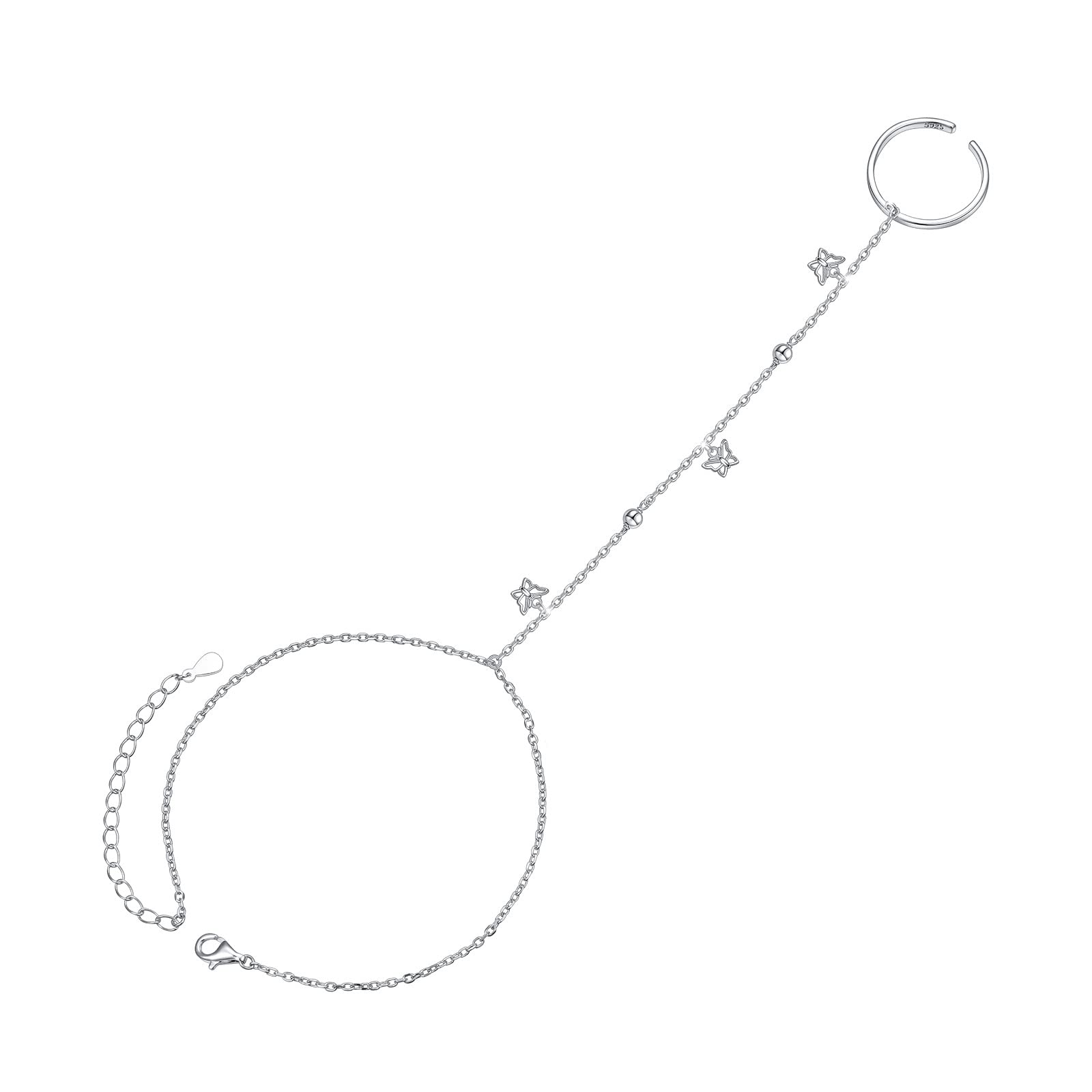 S925 Sterling Silver Finger Ring Bracelet Hand Harness Adjustable Chain Set for Women