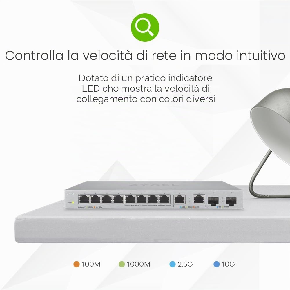 Zyxel Switch non gestito Ethernet multi-Gigabit a 12 porte | 2 x 2.5G | 2 x 10G SFP+ Fiber | 8 x porte GbE | Plug & Play | Montaggio desktop o a parete | Splitter Ethernet | Limitato XGS1010-12