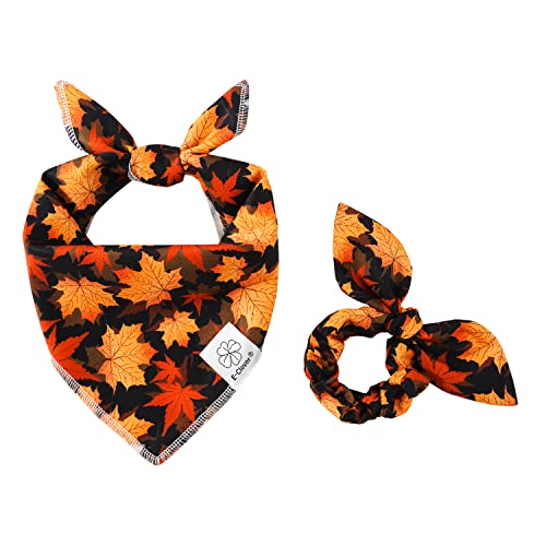 E-Clover Fall Dog Bandana & Scrunchie Set - Thanksgiving Pet Scarf Kerchief Bibs for Medium Large Dogs - Maple Leaves