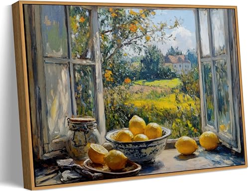 Framed Vintage Kitchen Wall Art Yellow Lemon Still Life Wall Decor Oil Paintings Rustic Kitchen Farmhouse Fruit Canvas Prints Farmhouse Country Painting for Living Room Dining Home Decoration 8x10