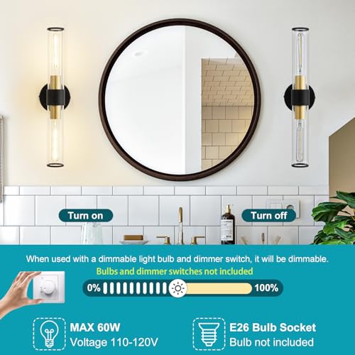 Image of Black and Gold Wall Sconce, Bathroom Light Fixtures in Clear Glass Indoor Wall Sconces, Modern Sconce Wall Lighting Up and Down Vanity Lights Fixtures for Bathroom - Bulb Not Included
