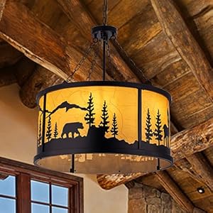 TOCHIC Rustic Farmhouse Chandeliers for Dining Room 6 Lights Black Ceiling Light Fixture Western Vintage Drum Chandelier with Forest Bear Elk for Bedroom Living Room Entryway Foyer D 28 in
