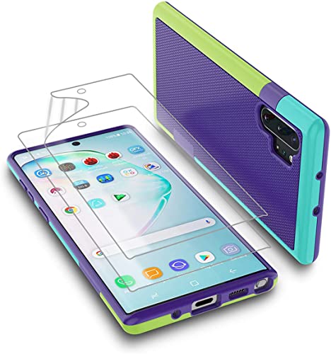 Case for Galaxy Note 10+, Case with 2 Pack HD Soft Screen Protector, Contrasting Colors Ultra Slim One-Piece Anti-Slip Rugged Soft TPU Bumper Shockproof Case for Galaxy Note 10+, Purple