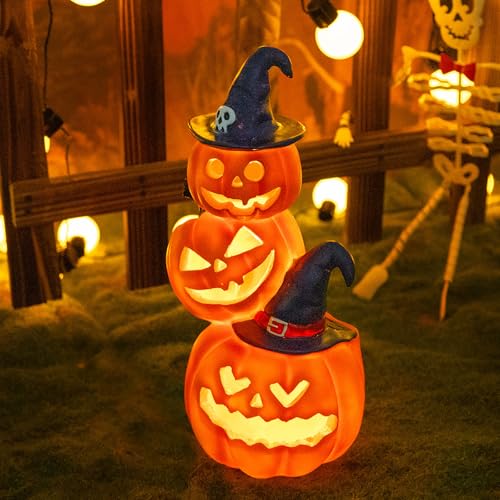 Halloween Decorations - Unique 3 Tiers Stacked Resin Jack-O-Lantern Pumpkin Pathway Solar Lights for Outdoor Garden Yard Porch Front Door (Pumpkins-3)
