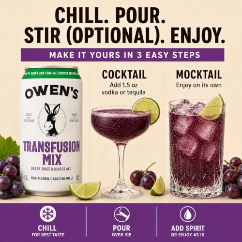 Image of Owen's Premium Non-Alcoholic Sparkling Cocktail and Mocktail Mixer, Drink Mixer for Cocktails, Mocktails, and Party Beverage, 4 Pack of 8.2 fl oz Cans (Transfusion Mix)