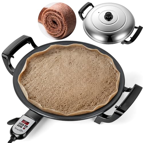 Ethiopian 18.5 Injera Maker Mitad (Mogogo) Electric Griddle with Adjustable Temperature & Time Non-Stick Surface for Norwegian Lefse Swedish Pancake Indian Dosa Digital Handle