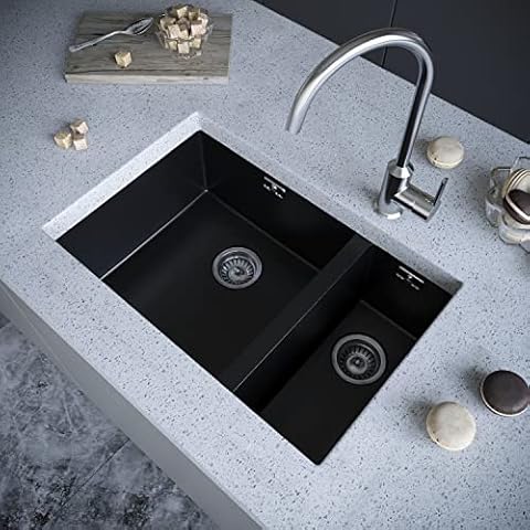 Composite Kitchen Sink 1.5 Bowl Single Bowl Undermount Drop in Installation Matt Black Sink for Kitchen 670 x 440mm Free Basin Waste Cover