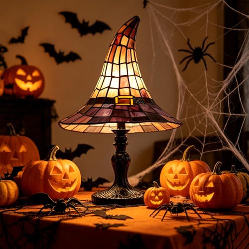 Kryilut Buntglas Hexenhut Lampe Handgefertigte Retro Kunstharz Hexenlampe USB-betriebenes Gotisches Zauberhut-Nachtlicht Halloween-Deko-Akzentlampe für Schlafzimmer & Bücherregal (1 Stück)