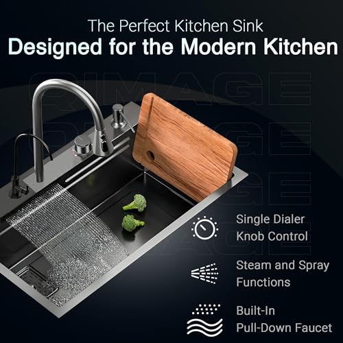 Image of QIMAGE Kitchen Sink 24X18 inch with ANTI SCRATCH HONEYCOMB DESIGN Integrated Waterfall and Pull-down Faucet Set /304 Grade Stainless Steel Sink with Cup washer and Drain Baskets (24X18 INCH)