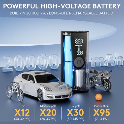 Tire Inflator Portable Air Compressor, Frarome 150PSI Portable Air Pump for Car Tires with 20000mAh Battery, Auto-Off Bike Pump with Digital Pressure Gauge & Emergency Light for Car, Motorcycle, Ball - Image 4