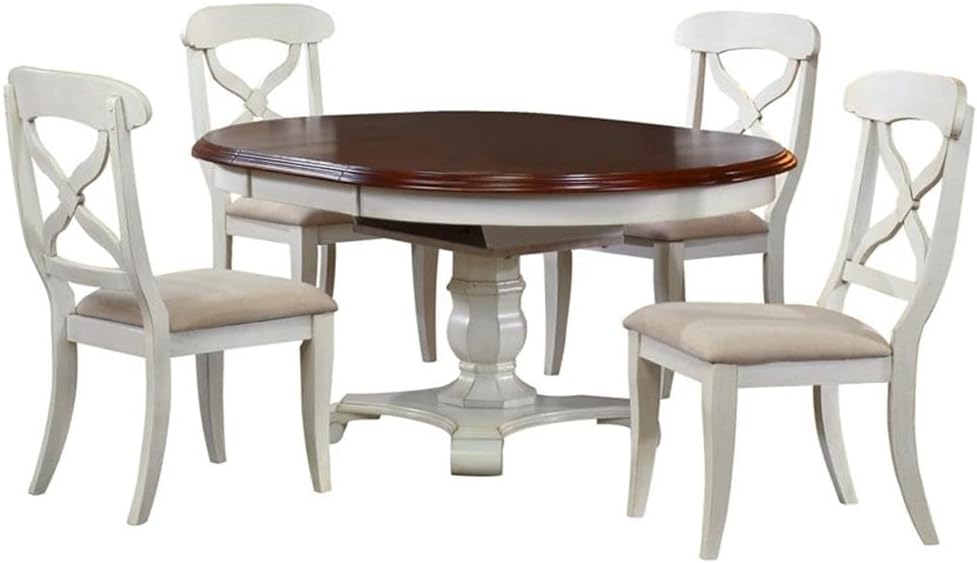 Pemberly Row 7Pc Round/Oval Extendable Dining Set, Antique White/Chestnut Brown Finish, Solid Wood Construction, Upholstered Chairs, Butterfly Leaf Table, Modern Farmhouse Style for Dining Room