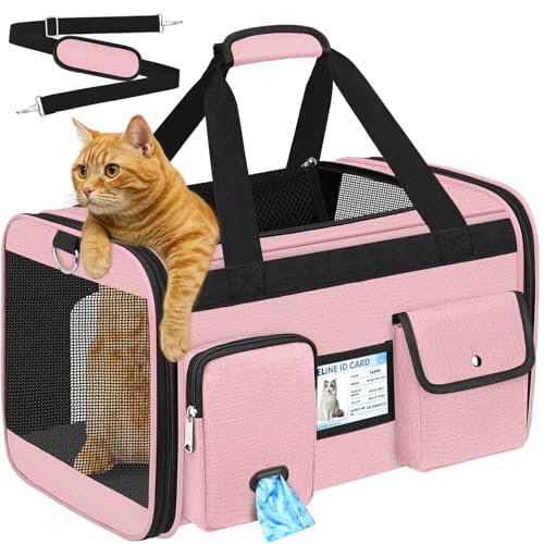 TEUEN Trasportino Morbido Pieghevole Approvato Aereo - Borsa Viaggio per Gatti e Cani fino a 9kg, 4 Lati in Rete, Tessuto Antigraffio con Cuscino Lavabile e Guinzaglio Interno