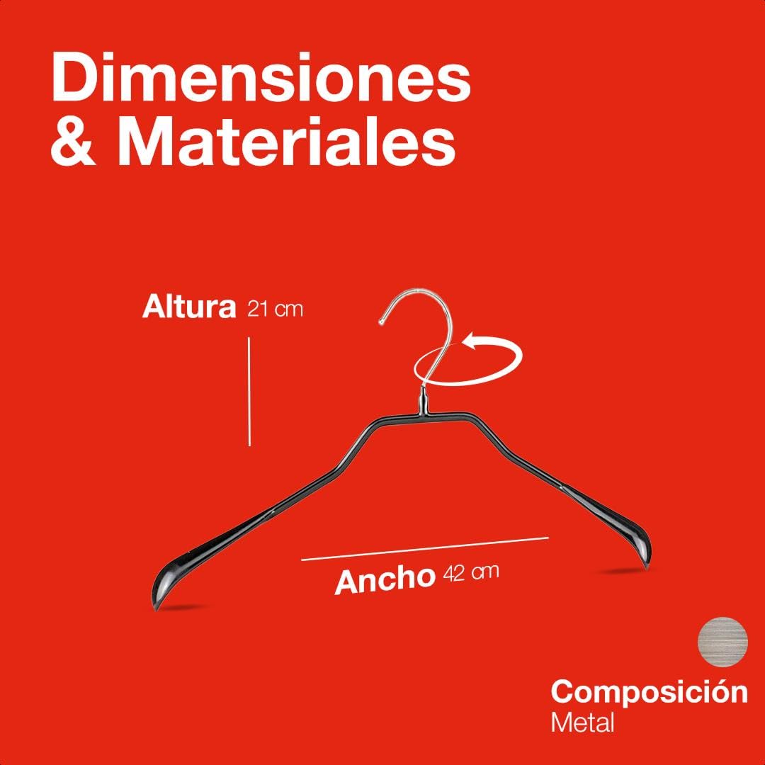 MAWA Perchas, Set de 10 Perchas Metálicas Ergonómicas, Ideales para Abrigos, Chaquetas, Blazers y Trajes, Gancho Giratorio 360°, Revestimiento Antideslizante, 42 cm, Negro
