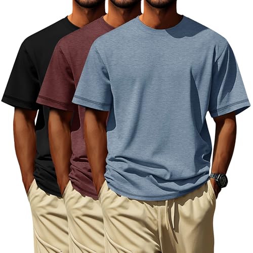 Neer Paquete de 3 Camisetas para Hombre de Tallas Grandes (L-7XL) Manga Corta Cuello Redondo Camisetas básicas de Verano(Negro, Rojo borgoña, Azul neblina Claro,3XL)