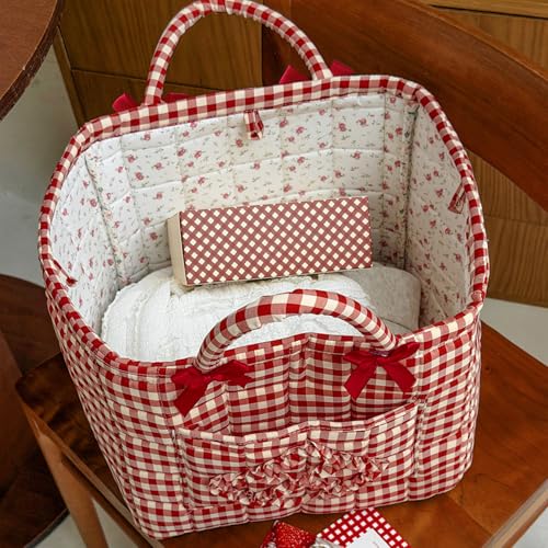 Image of Quilted Fabric Basket Car Storage Basket Boho Floral Laundry Hamper for Nursery Bedroom & Living Room | Organize Clothes Toys (Red Gingham Check)