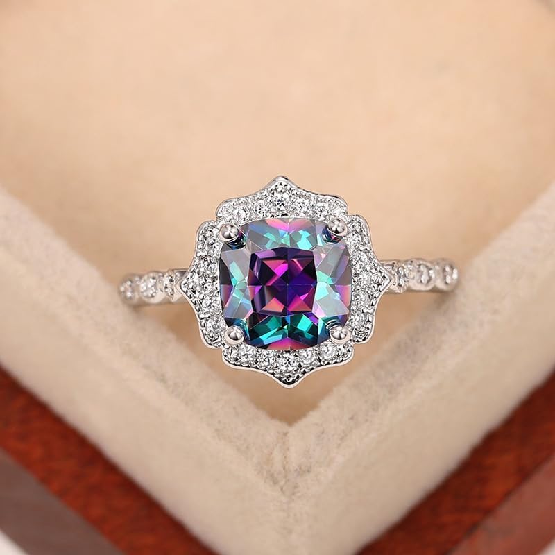 Metmejiao 925 Sterling Silver Colorful Dainty Cubic Zirconia Rainbow Square Zircon Statement Ring Sapphire Ring Purple Crystal Stone Female Ring Size 8 - Image 2