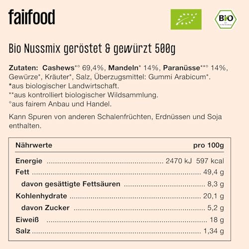 fairfood Freiburger Nuss-Mix geröstet & gesalzen (500 g) – Bio, Fair gehandelt & Vegan – Nussmischung mit Cashews, Mandeln & Paranüsse – Ohne Öl geröstet in eigener Manufaktur