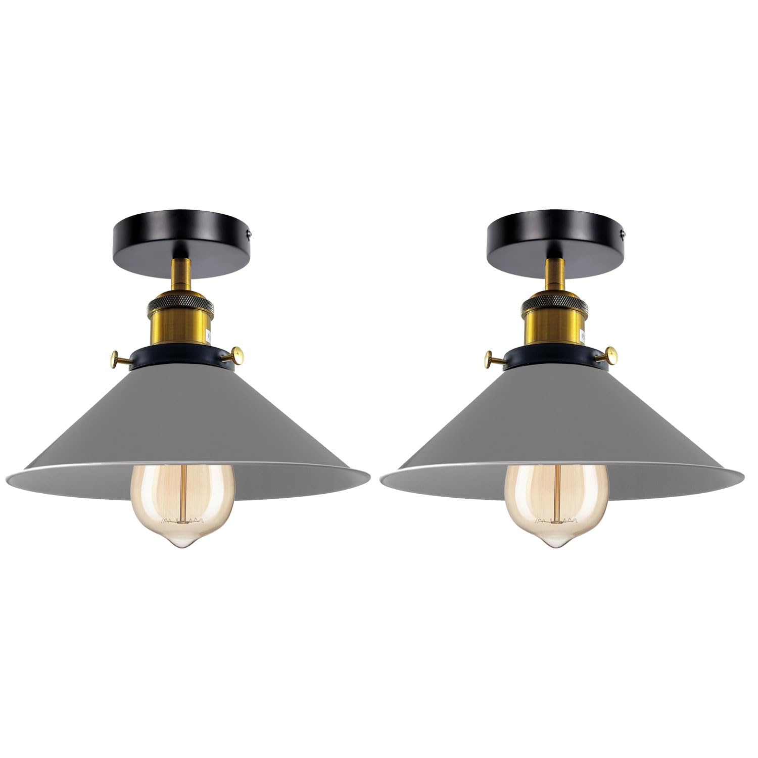 LEDSone Semi Flush Mount Ceiling Light Metal 22cm Grey Cone Lampshade 2 Pack E27 Vintage Ceiling Lighting Fixture for Kitchen, Bedroom, Dining Room with Bulb