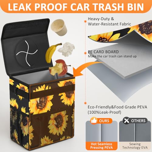 Image of Vankor Car Trash Can for Car Cute,Bag Bin Hanging Waterproof Automotive Garbage Cans Leak Proof Vehicle Trash Can Sunflower