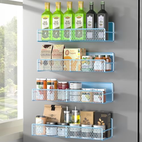 DTUQYX Magnetic Spice Rack for Refrigerator, 4 Pack 100% Metal Strong Magnet Fridge Shelves, Space Saving Spice Organizer, No Drilling Moveable Home Kitchen Laundry Room Storage Organization, Blue