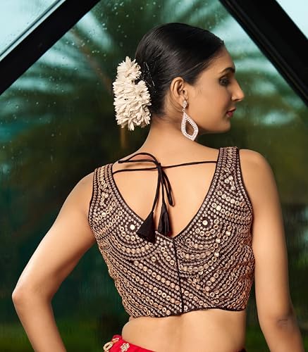 Image of Pujia Mills Fancy Women's foil Mirror and Thread Zari Work Sweetheart Neck Silk Sleeveless Blouse (PC Bindi Foil Parent)