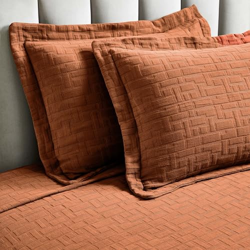 Superior 3 Piece Cotton Bedspread Sham Set, Home Decor, Decorative Bed Spread, 2 Pillow Shams, Medium Weight, Matelasse Coverlet, Bedding Essentials, Madrid Collection, California King, Burnt Orange
