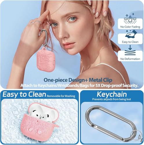 Image of Meyaar Silicone Case for AirPods 4 Floral Embossed, Flower Engraved Soft Silicone Cover with Keychain, Anti-Scratch, Shockproof Protective Case Cover (Pink, for AirPods 4 (2024)